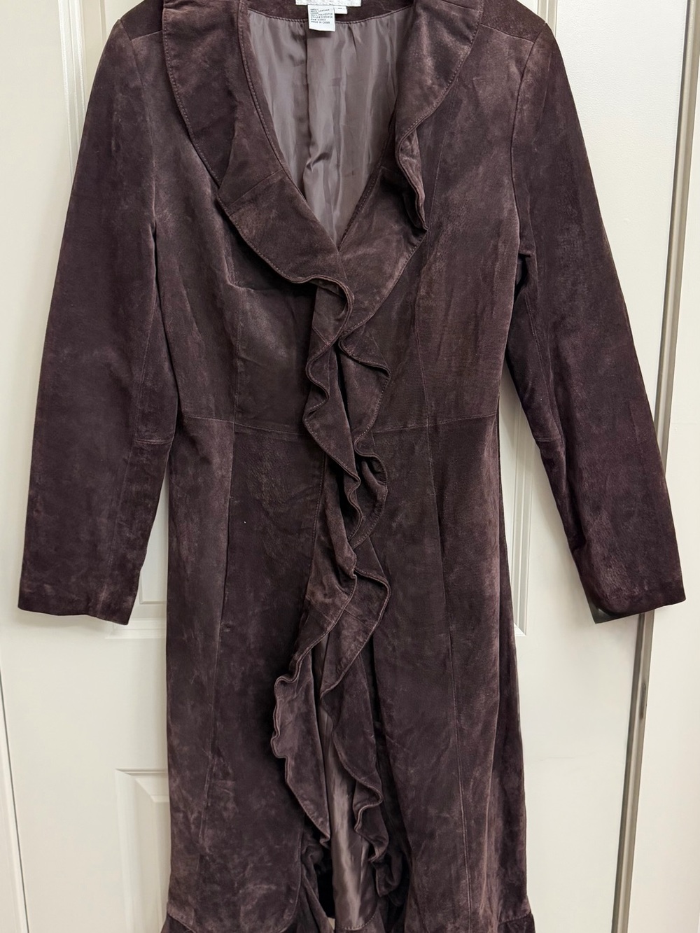Aria Dark Brown Ruffle Front Suede Trench Coat